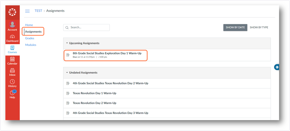 Student clicks on the assignment name to launch the activity