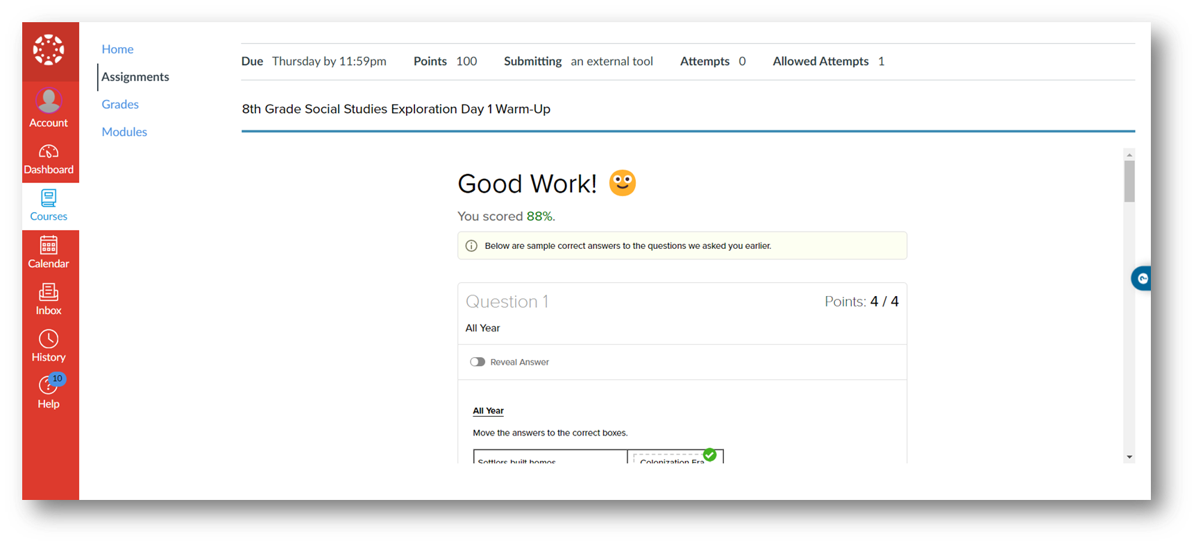 Student can review results after the activity is submitted