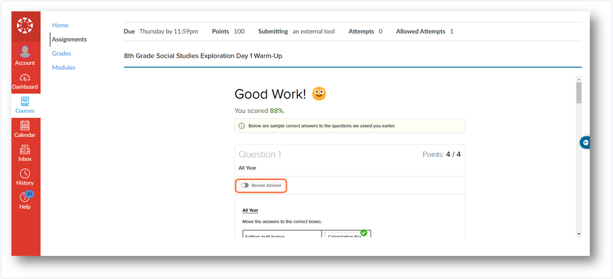 Student can review results after the activity is submitted
