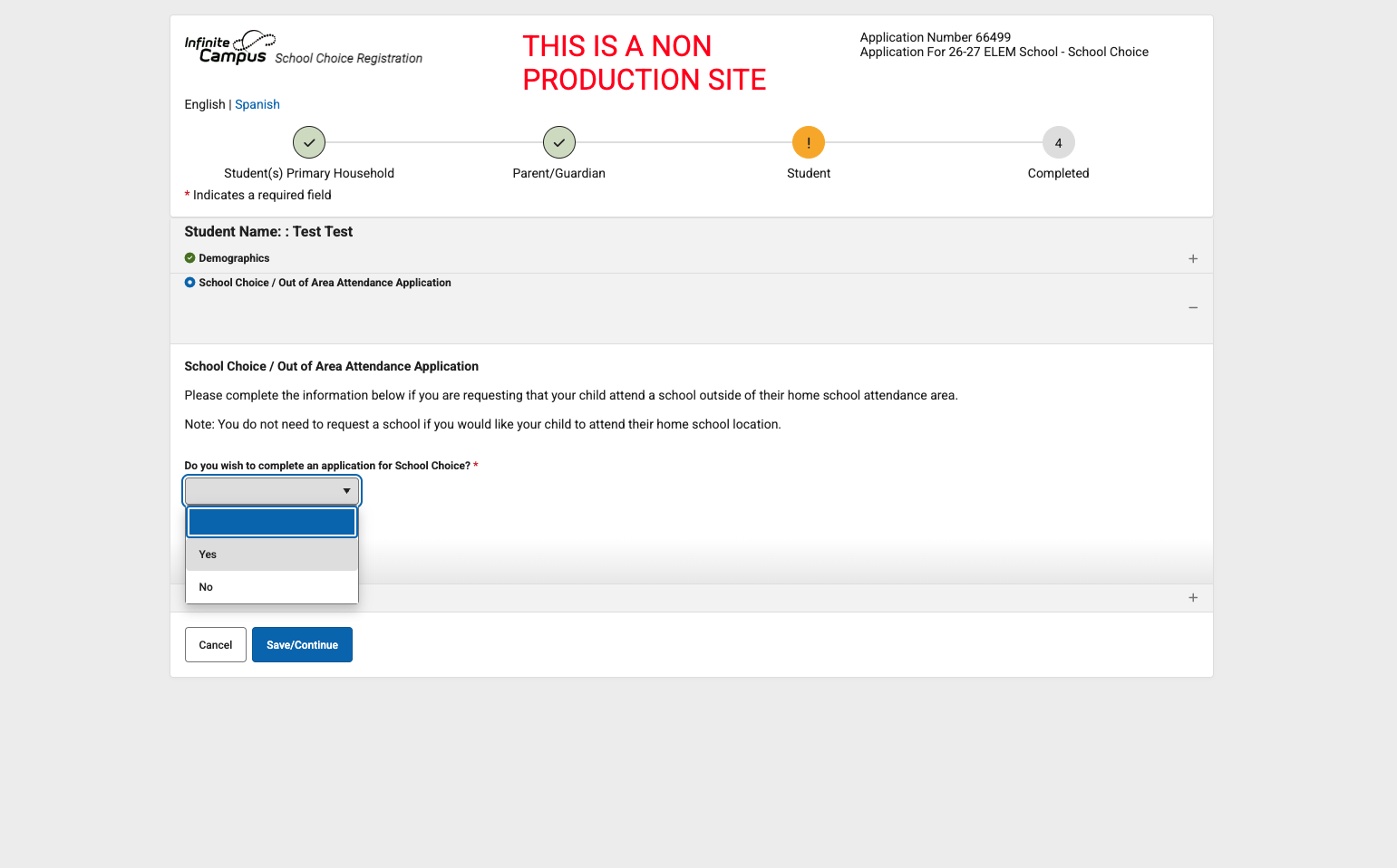 Select "Yes" to complete the School Choice requests