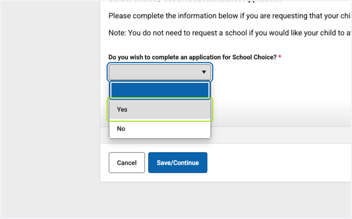 Select "Yes" to complete the School Choice requests