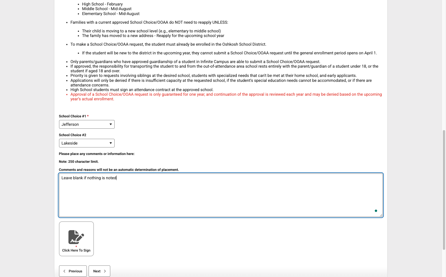 Type "Leave blank if no information is needed - Note: 250 Character Limit