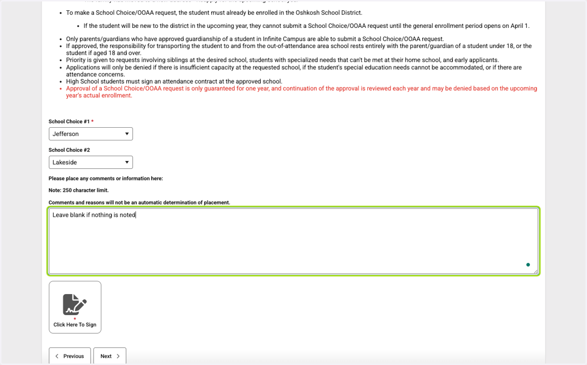 Type "Leave blank if no information is needed - Note: 250 Character Limit
