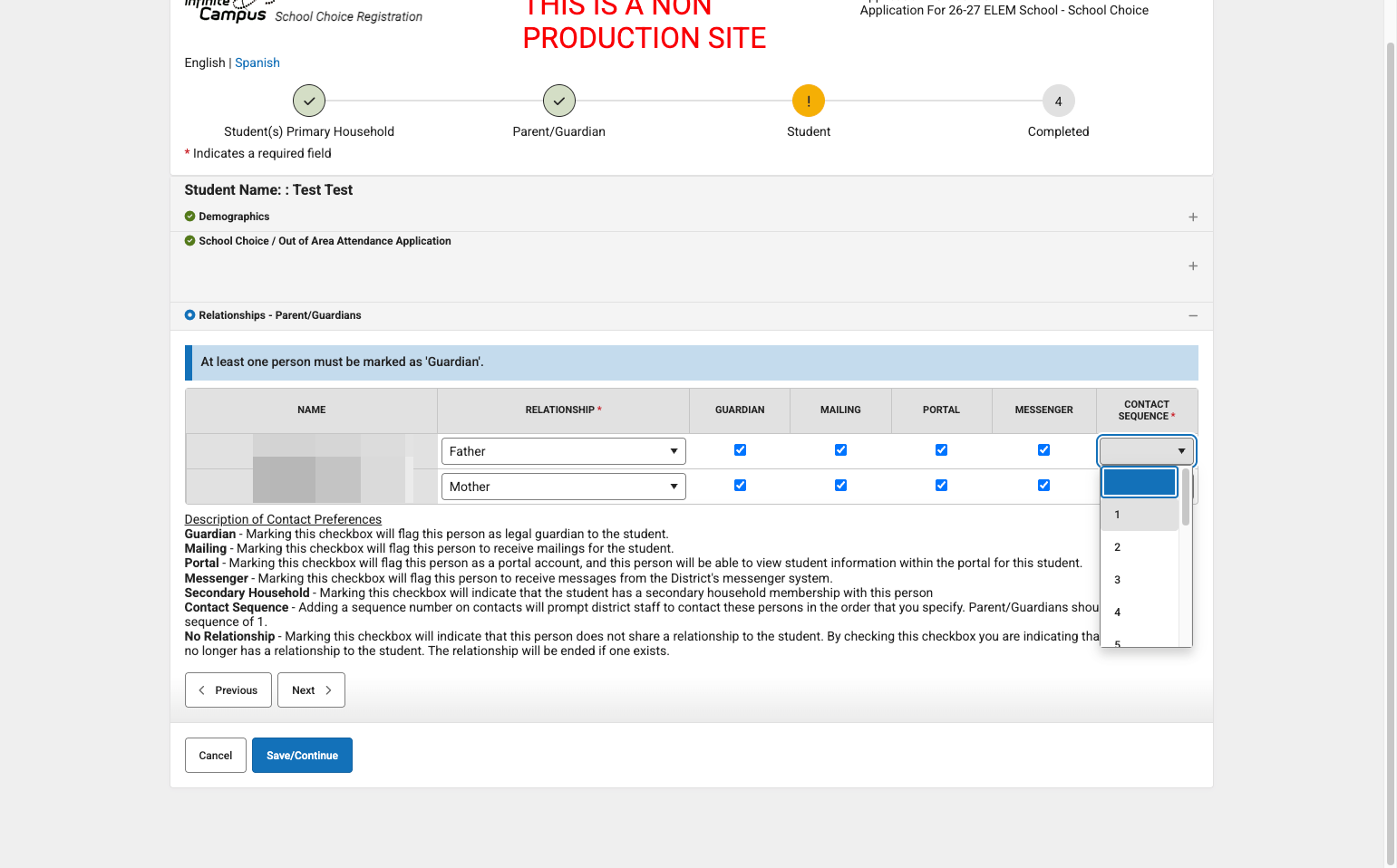 Select the contact sequence for each parent/guardian