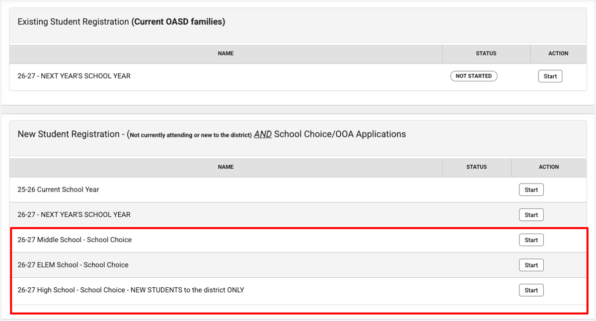 You will see New Student Registration - Not currently attending or new to the district, and School Choice/OOA Applications…