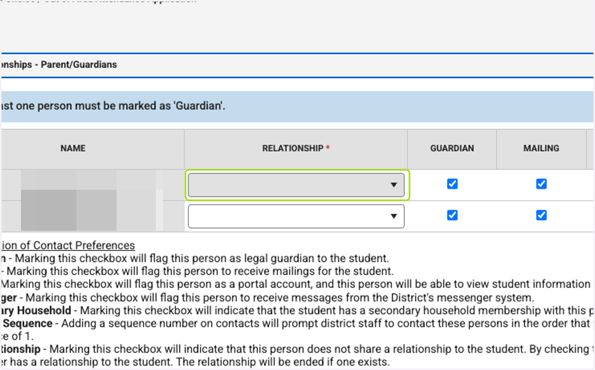 Click on dropdown trigger for each parent/guardian