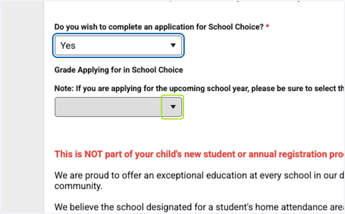 Select the grade level your child is applying for