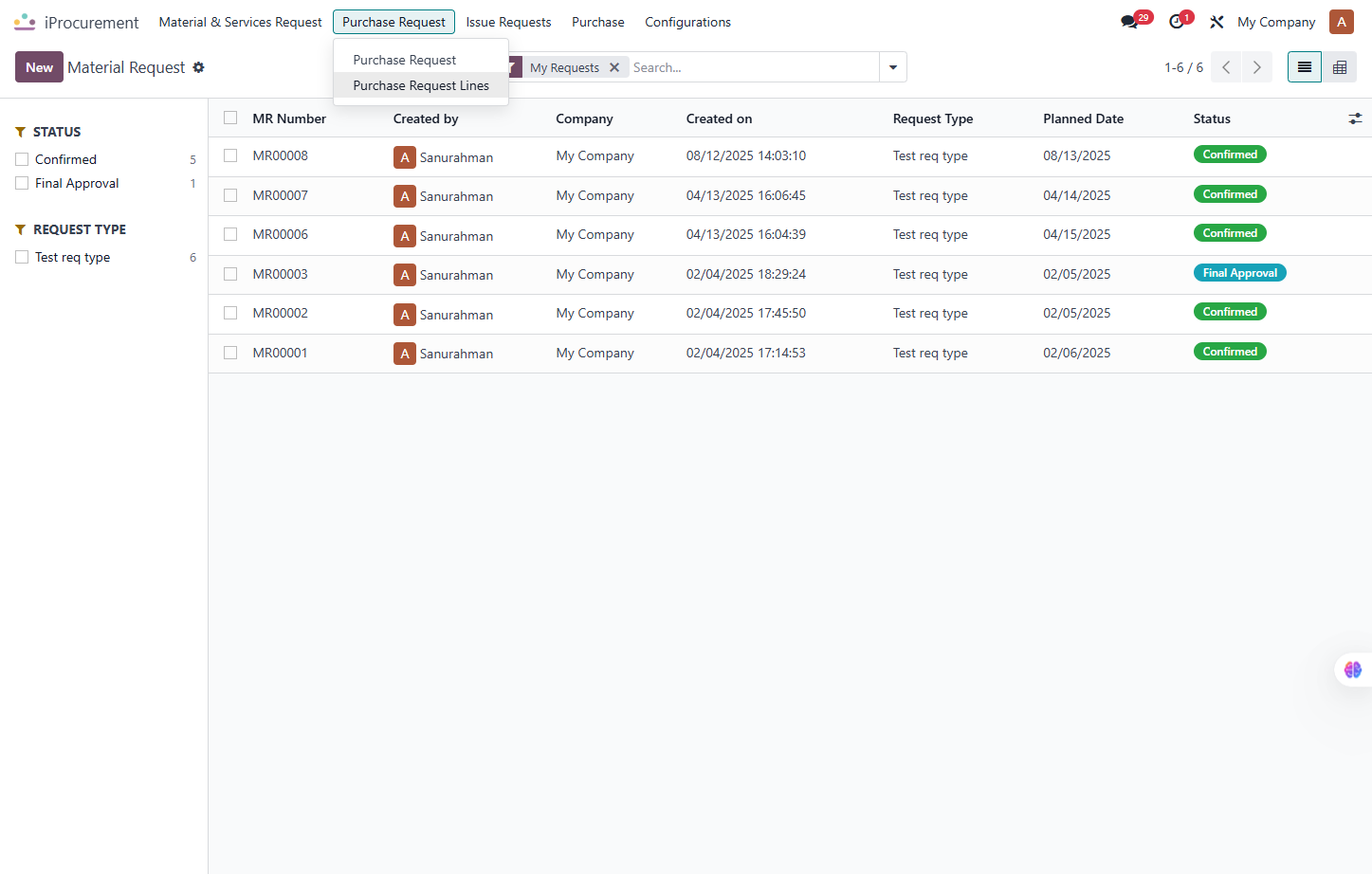 Click on Purchase Request Lines