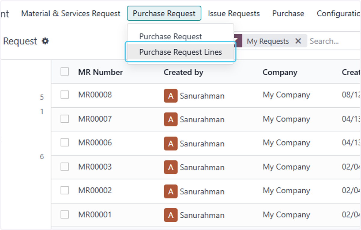 Click on Purchase Request Lines