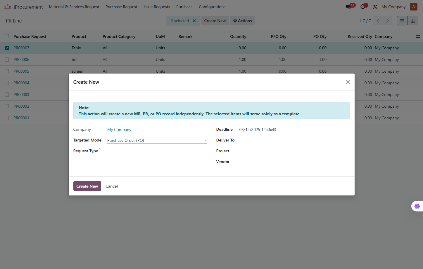 Select Purchase Order (PO) from Targeted Model