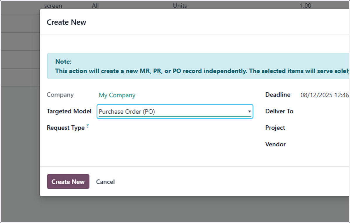 Select Purchase Order (PO) from Targeted Model