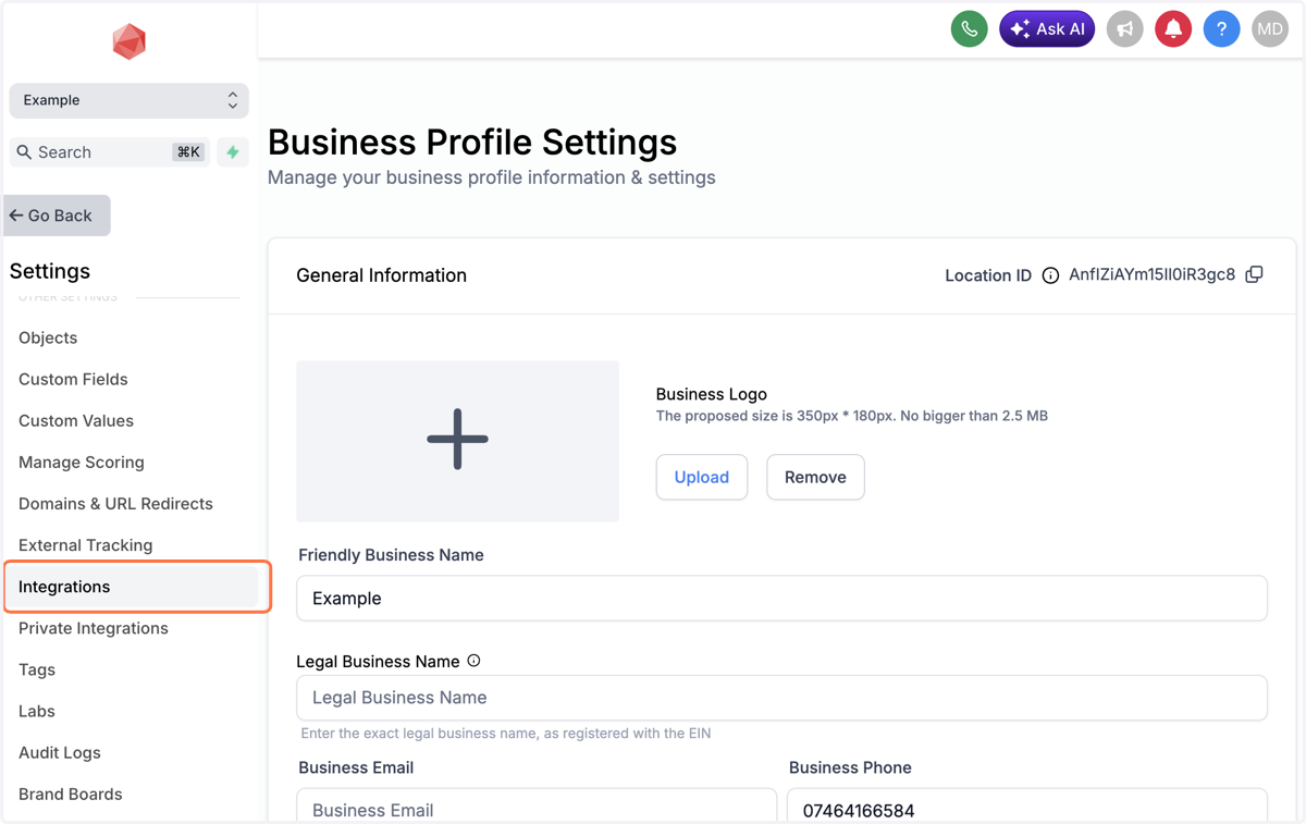 Click on Integrations