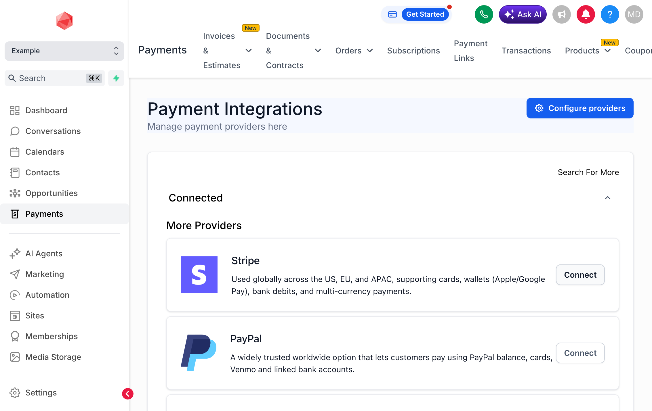 Navigate to Stripe, then Click on Connect