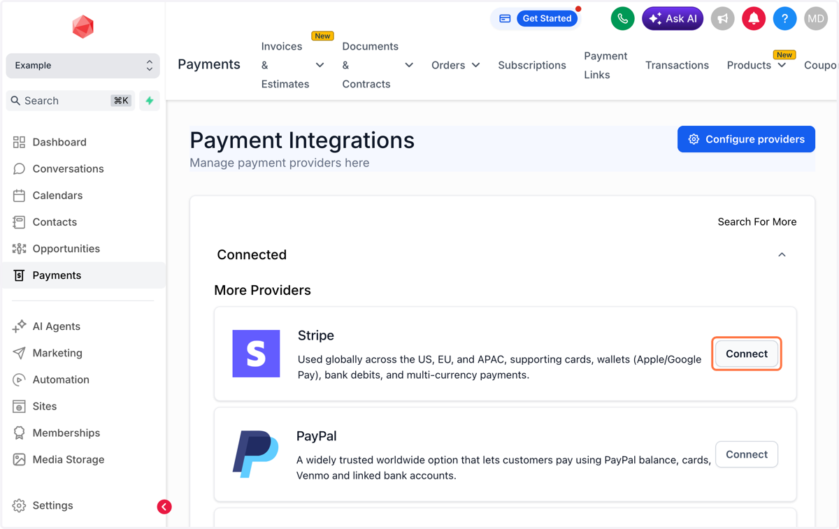 Navigate to Stripe, then Click on Connect