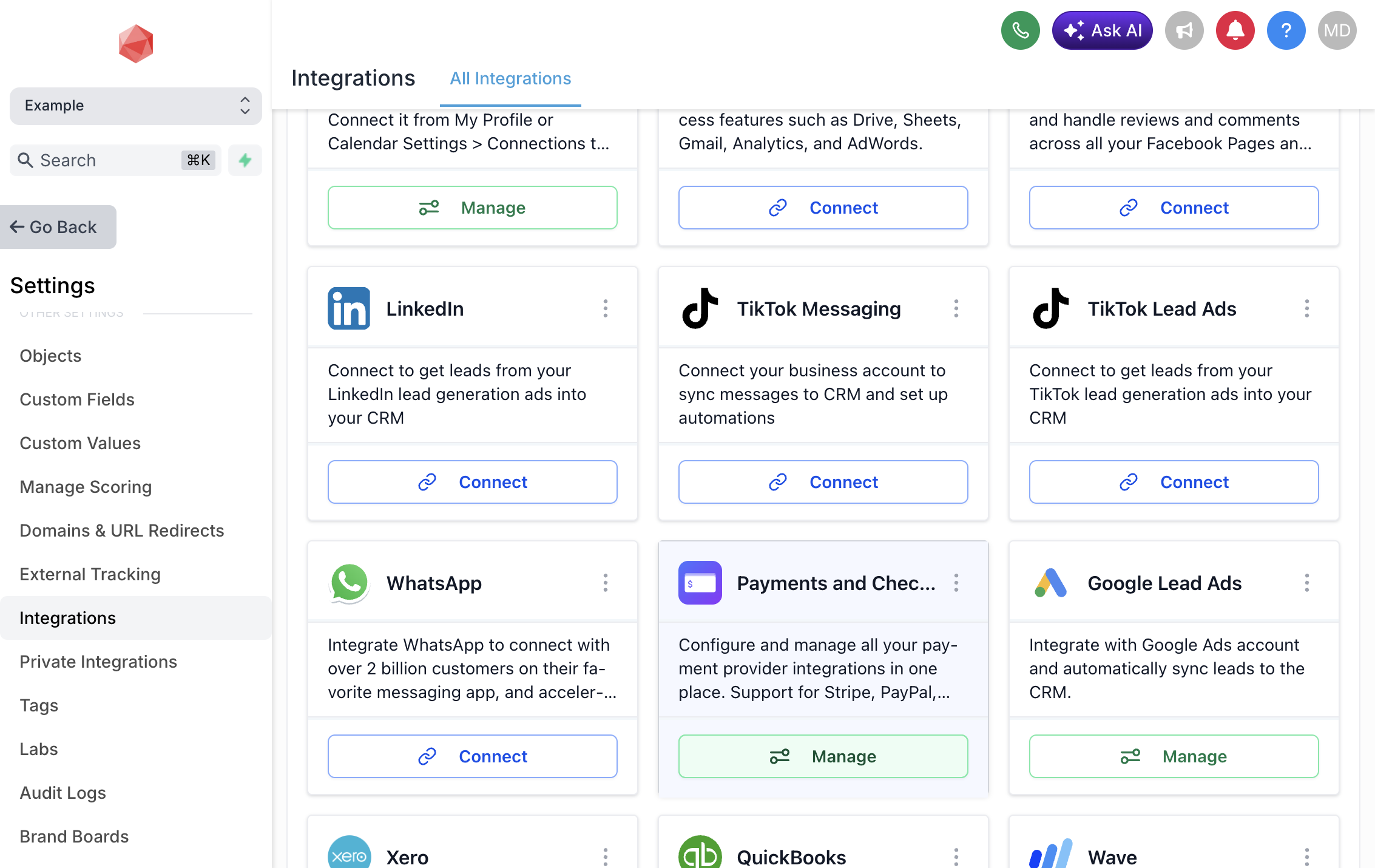 Find Payments and Checkout, then Click on Manage