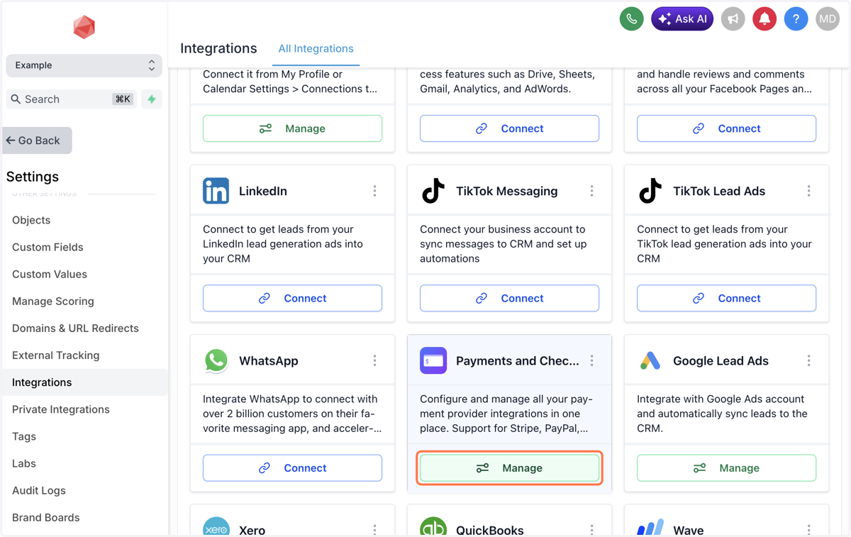 Find Payments and Checkout, then Click on Manage