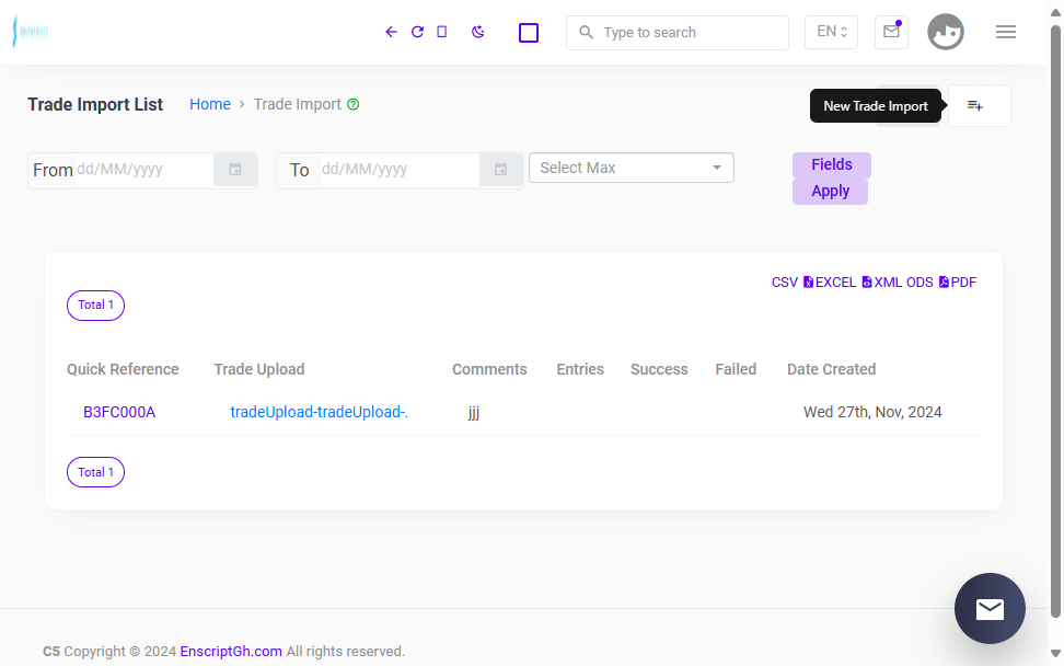 Click on New Trade Import