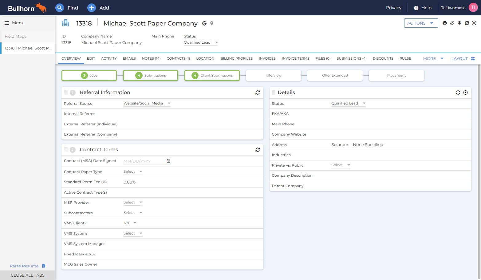 Click on the LOCATION tab in the Company Record