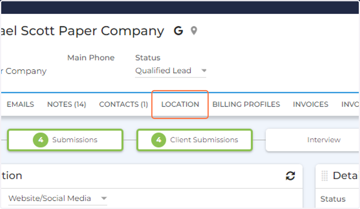 Click on the LOCATION tab in the Company Record