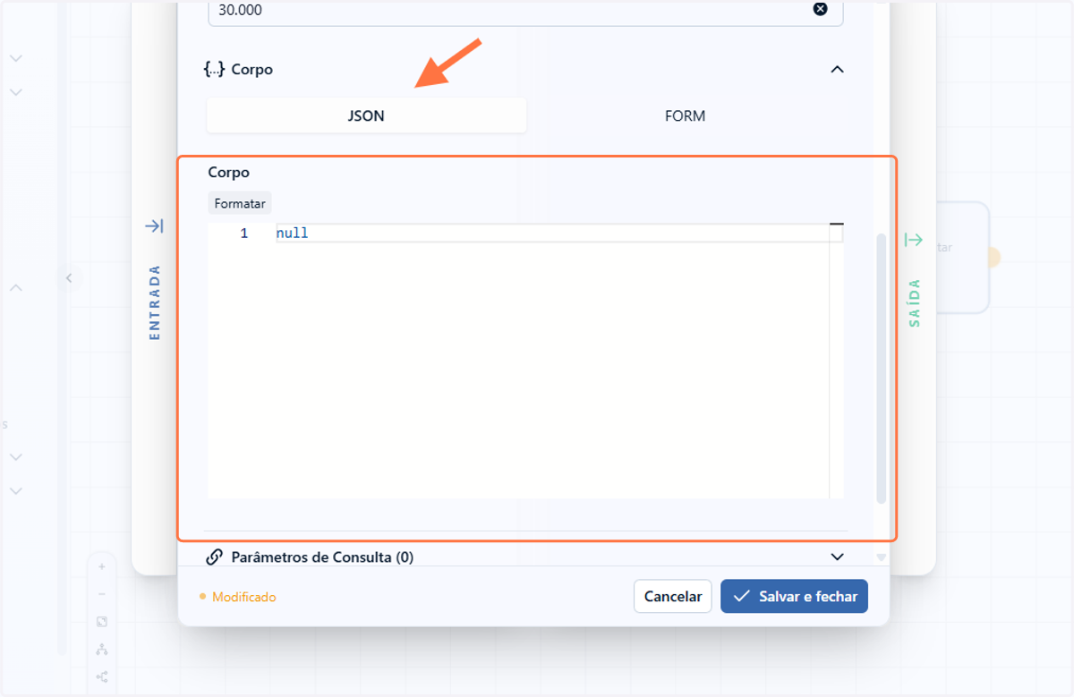 No espaço que se abrirá, por padrão, você verá o editor de JSON selecionado para configurar o body
