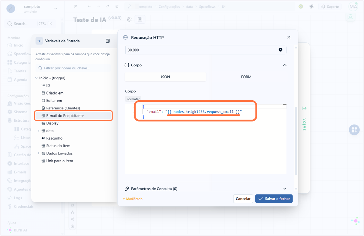 Em seguida, arraste a variável desejada para o campo JSON