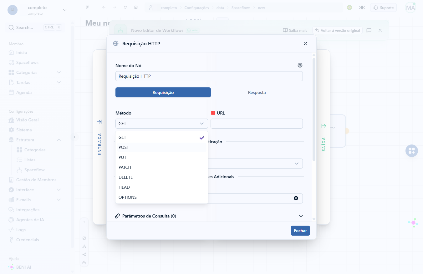 Os métodos de entrada POST, PUT e PATCH apresentam o campo body na formatação. Neste exemplo, definiremos o método de entrada como "POST"