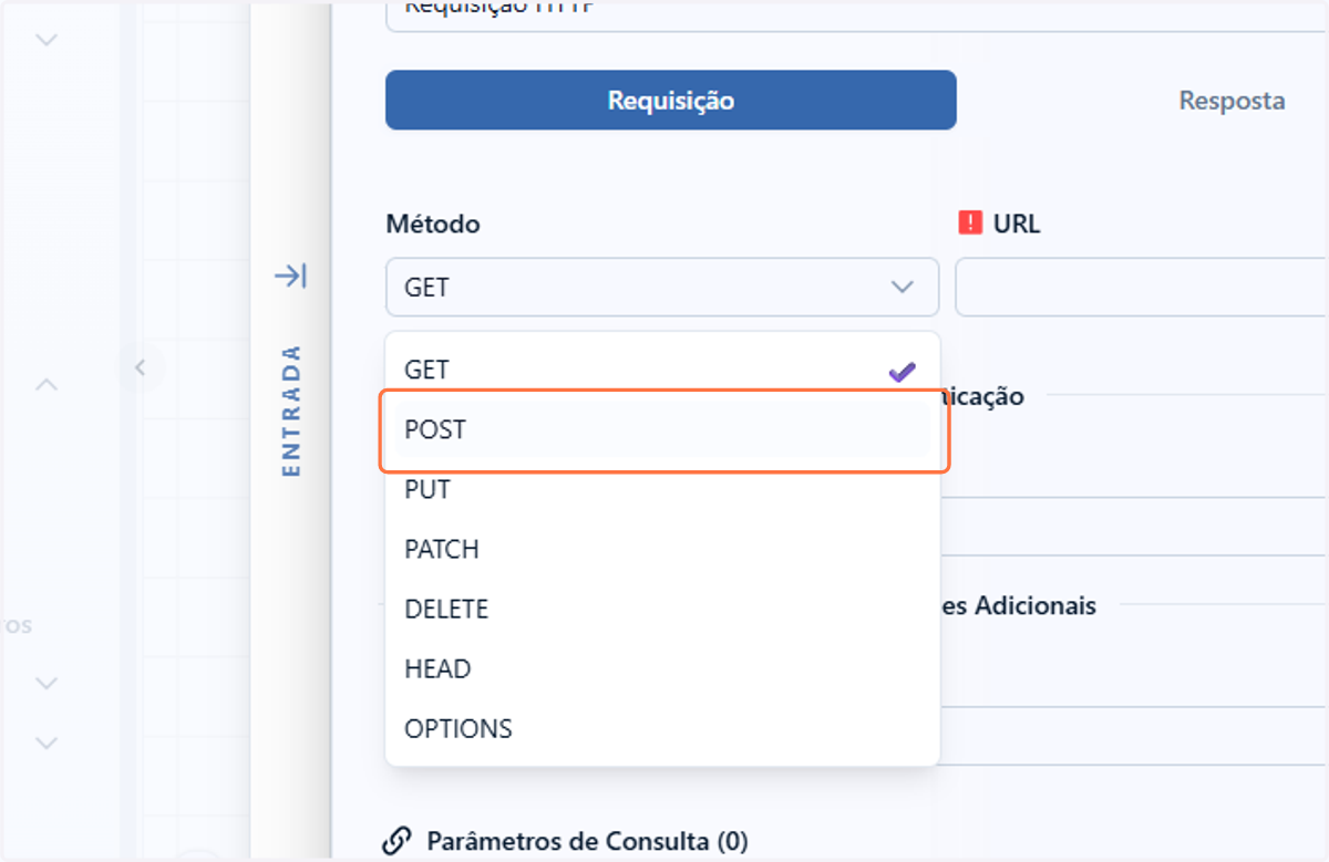 Os métodos de entrada POST, PUT e PATCH apresentam o campo body na formatação. Neste exemplo, definiremos o método de entrada como "POST"
