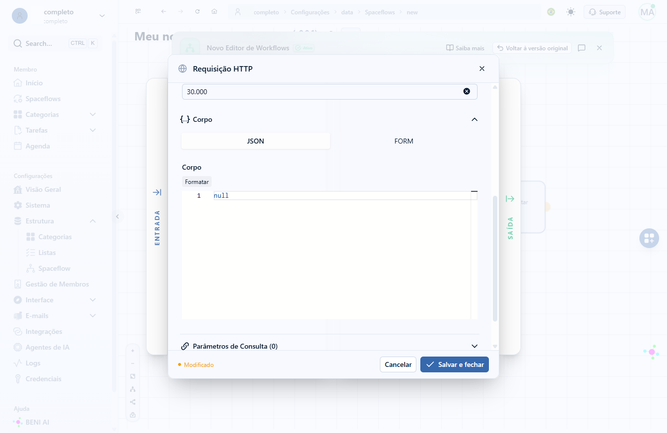 Se desejar configurar o body da requisição por um método simplificado, você pode alternar para o modo de mapeamento por campos na aba FORM
