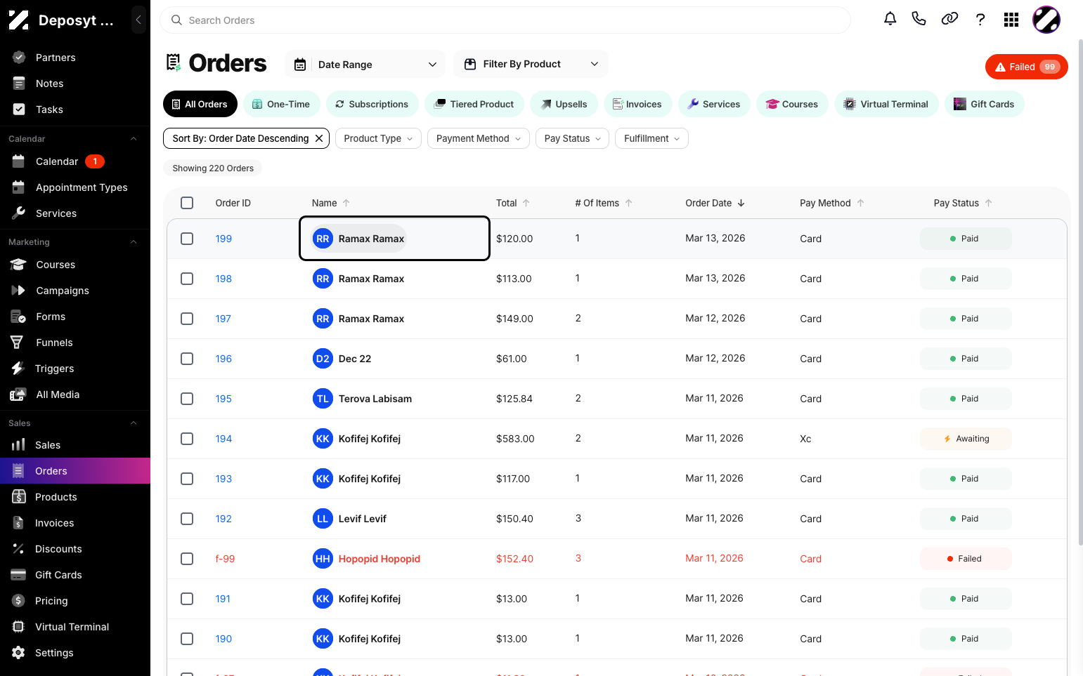 Step 3: Click any customer name in the Name column.