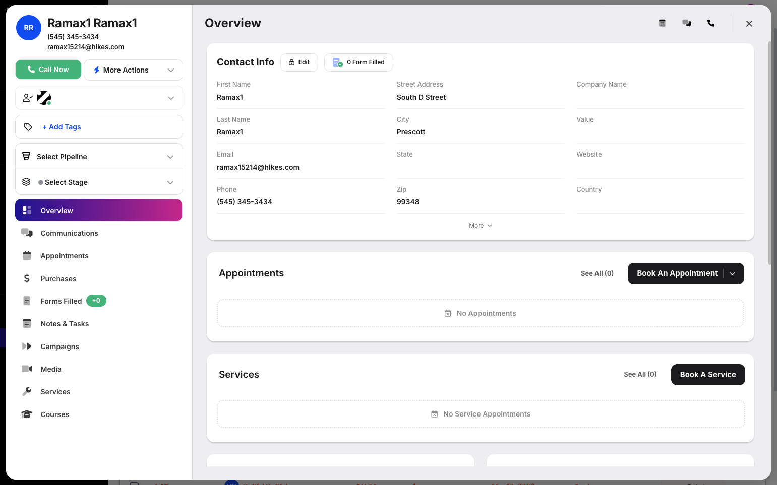 Step 4: A Customer modal will appear with actions you can perform for that customer, such as call, schedule email, send SMS, create an appointment, send a booking invite, add to a campaign, add a note, share a media upload link, invite as a partner, edit customer information, and