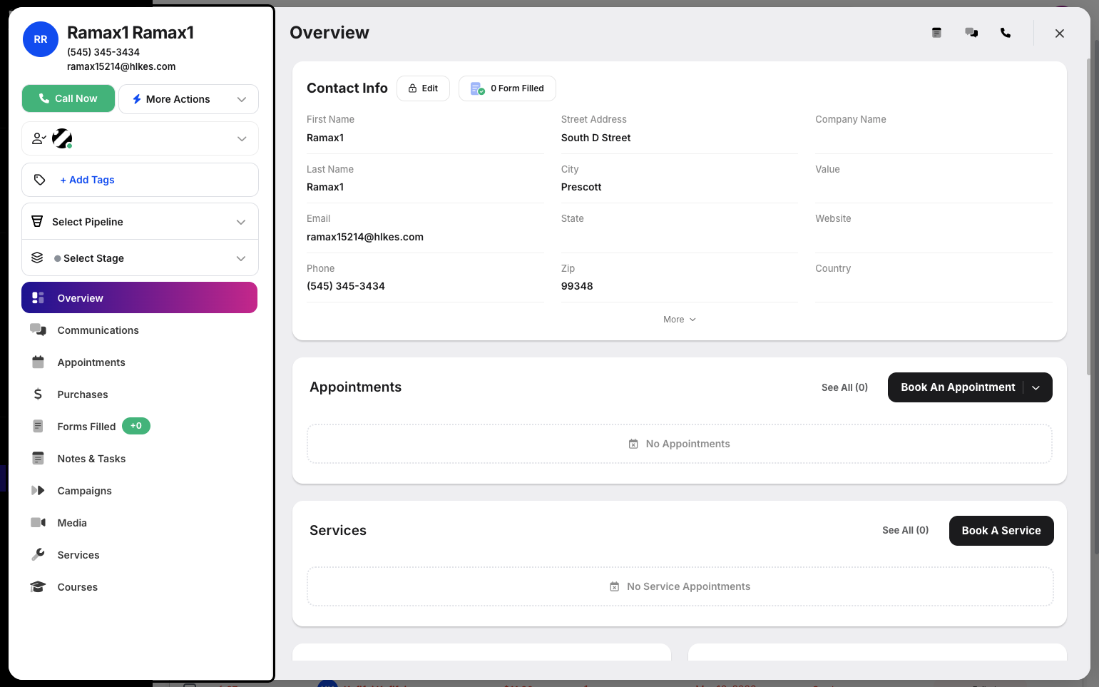 Step 4: A Customer modal will appear with actions you can perform for that customer, such as call, schedule email, send SMS, create an appointment, send a booking invite, add to a campaign, add a note, share a media upload link, invite as a partner, edit customer information, and
