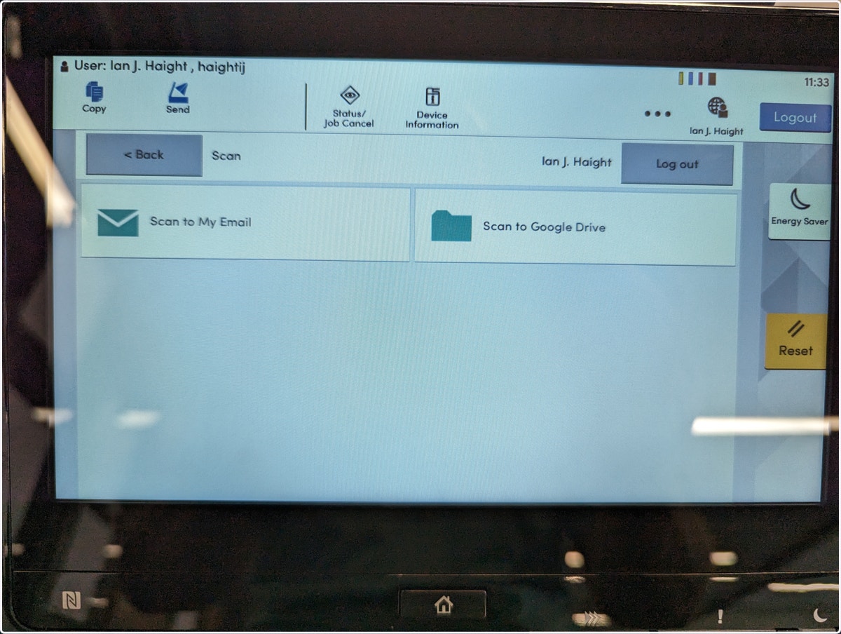 Choosing "Scan to Email" will email your KPS email account. Choosing "Scan to Google Drive" will scan the document to a folder in Google Drive called "Scans from Papercut." The first time you scan to drive you will receive an email asking you to allo