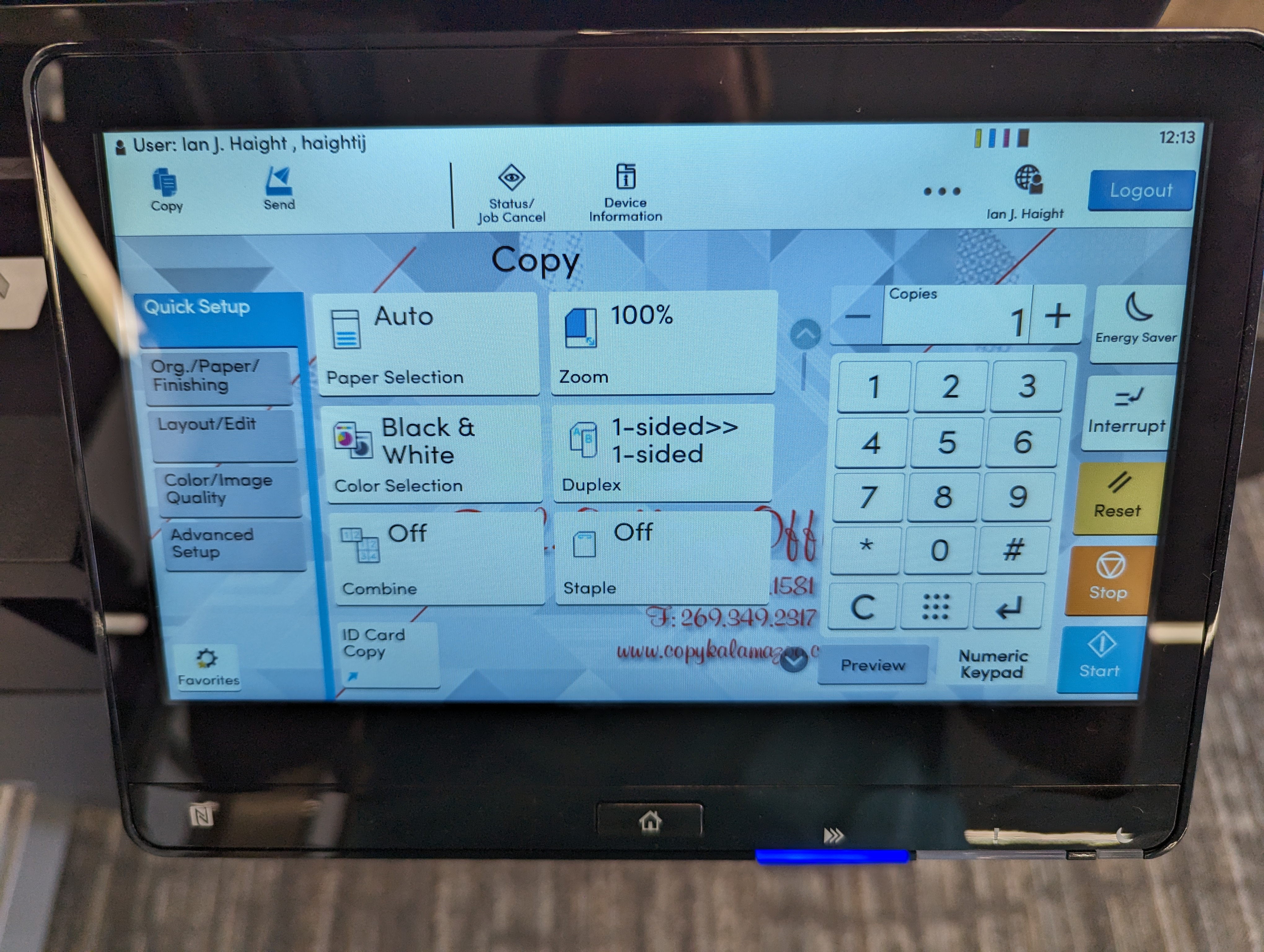 To make copies, touch the "Device Functions" button which will display all of the copying options.
