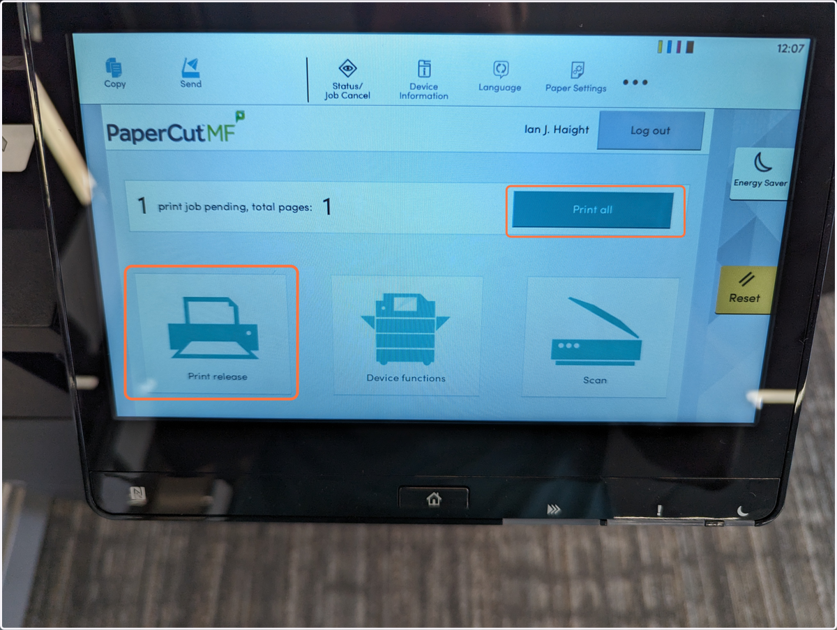 You will see the box telling you how many print jobs you have pending. You can select print all or the "Print Release" button to individually release them. You can also delete a job that was accidentally sent.