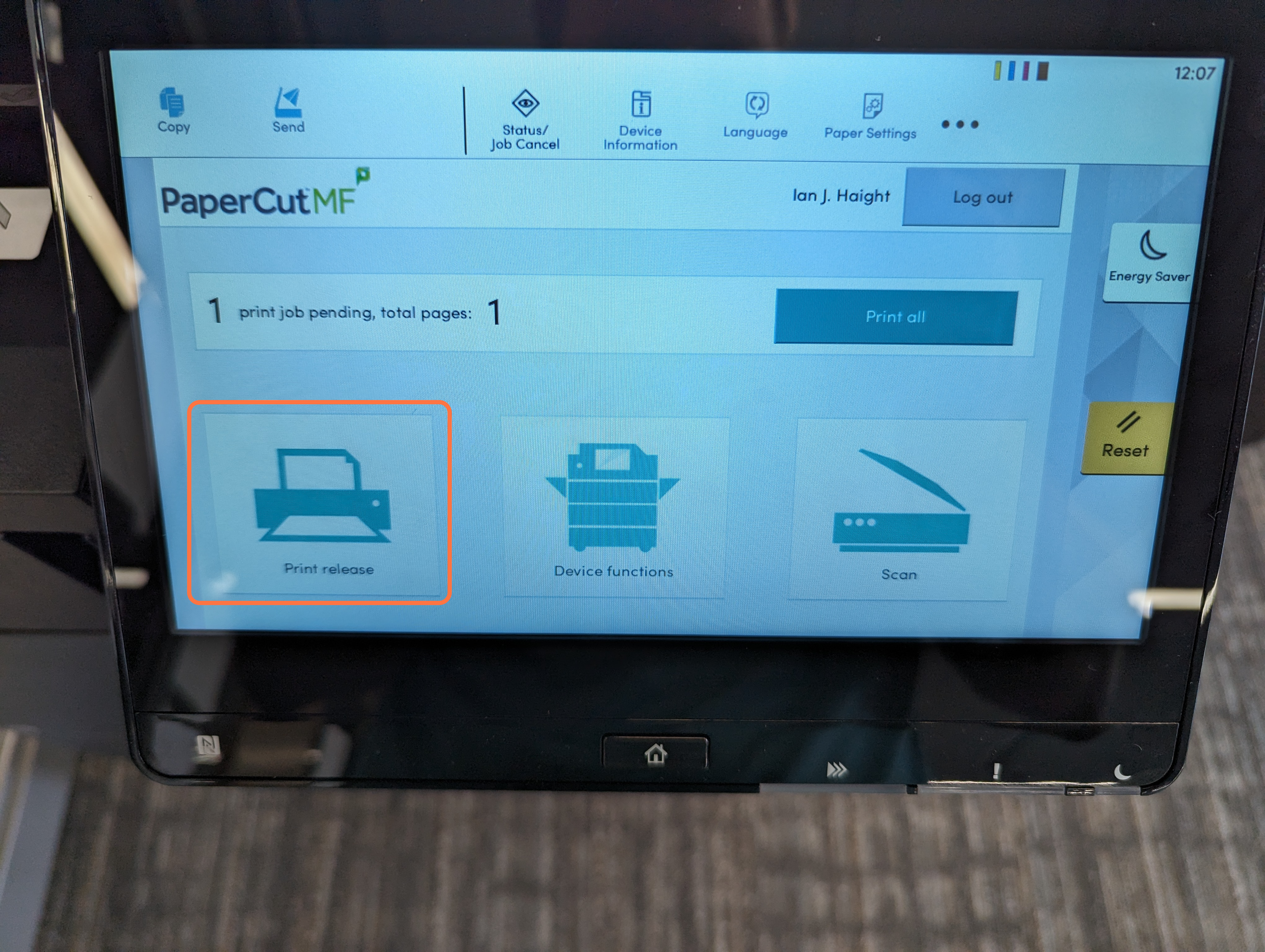 You will see the box telling you how many print jobs you have pending.  You can select print all or the "Print Release" button to individually release them.  You can also delete a job that was accidentally sent.