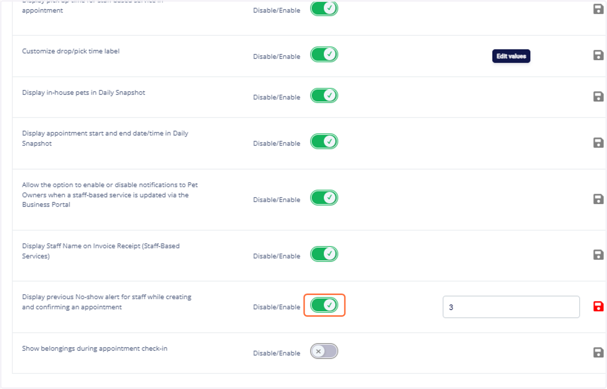 Enable the toggle for "Display previous No-Show alert for staff while creating and confirming an appointment"