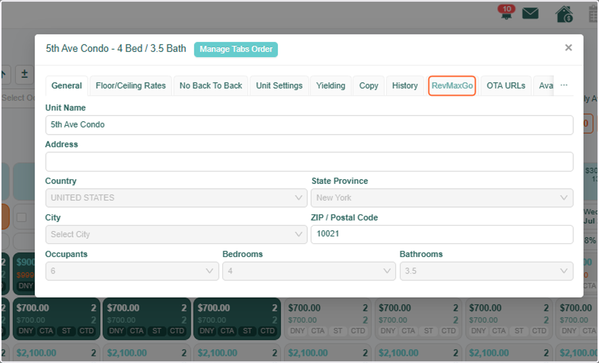 In the unit-level settings, click on the 'RevMaxGO' tab.
