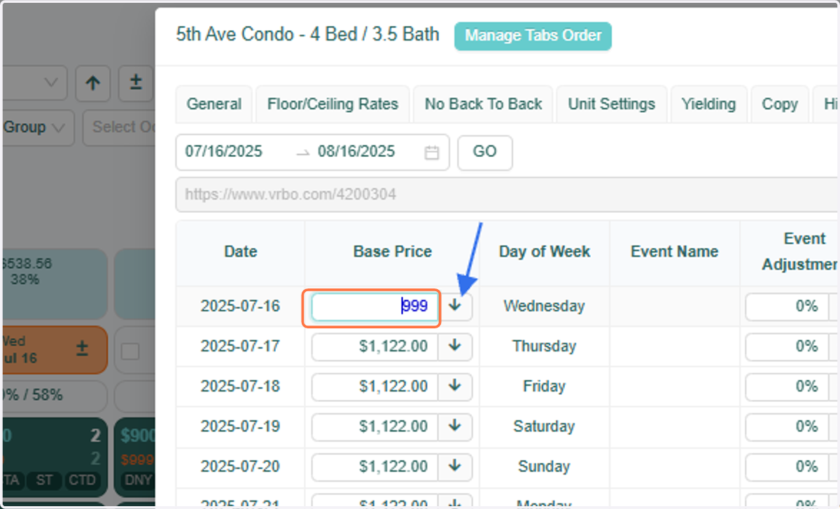 Once you're in the RevMaxGO rate table, enter the desired Base Rate next to the first date. When you're finished, click the 'Arrow Down' button to apply the changes.