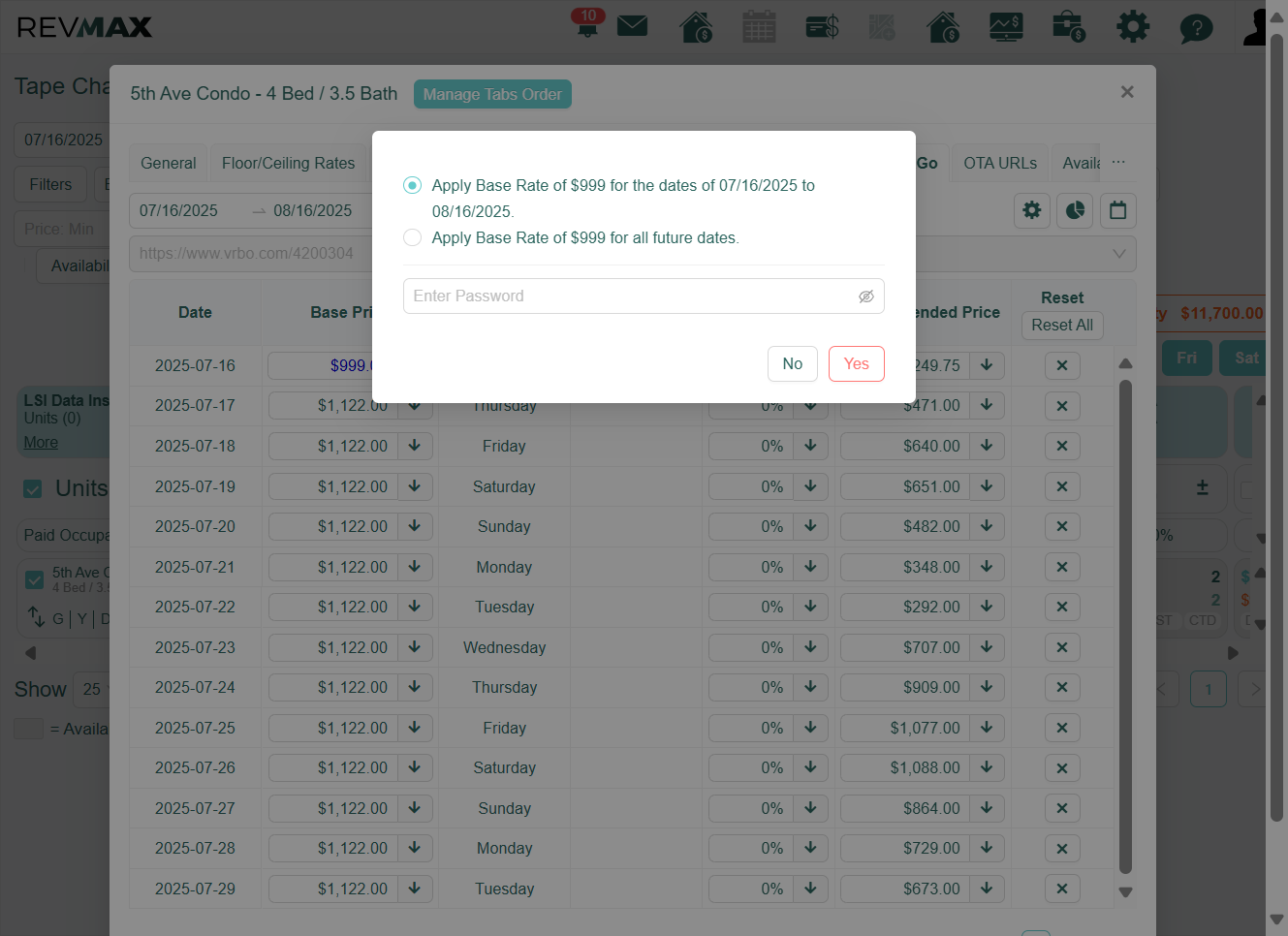 A pop-up window will appear with two options: - Apply the base rate adjustment to the filtered date range - Apply the base rate adjustment to all future dates.
