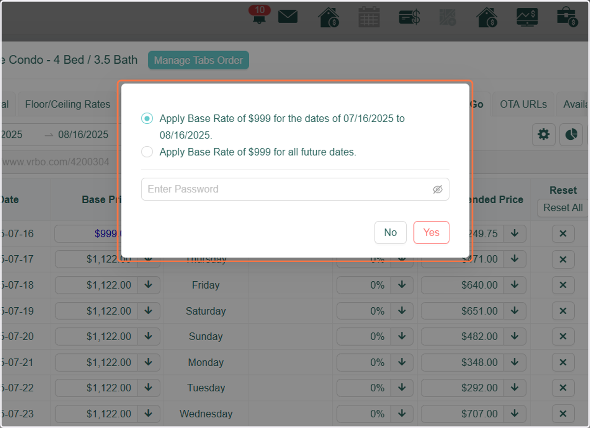 A pop-up window will appear with two options: - Apply the base rate adjustment to the filtered date range - Apply the base rate adjustment to all future dates.