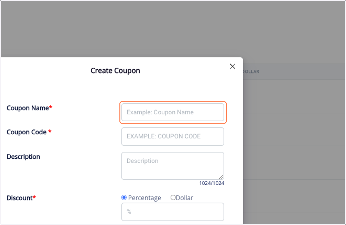 Add name, code, and discount.