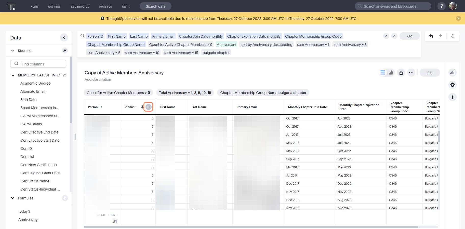 Click on Column Header to adjust the values