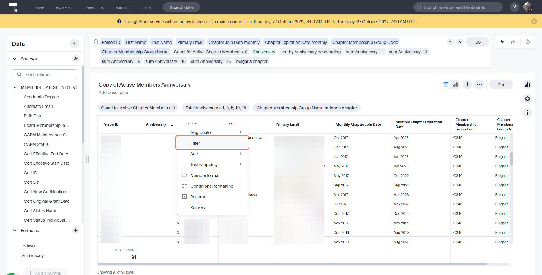 Click on 'Filter' option to change the filter options or numerical values