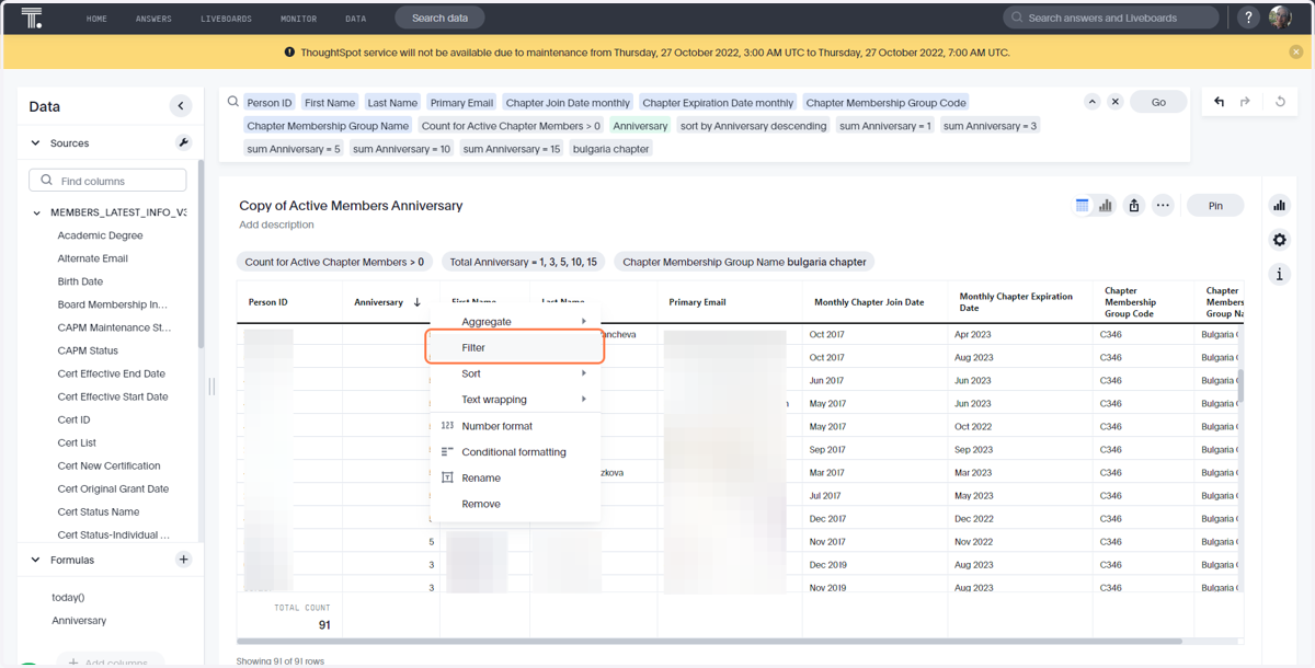 Click on 'Filter' option to change the filter options or numerical values