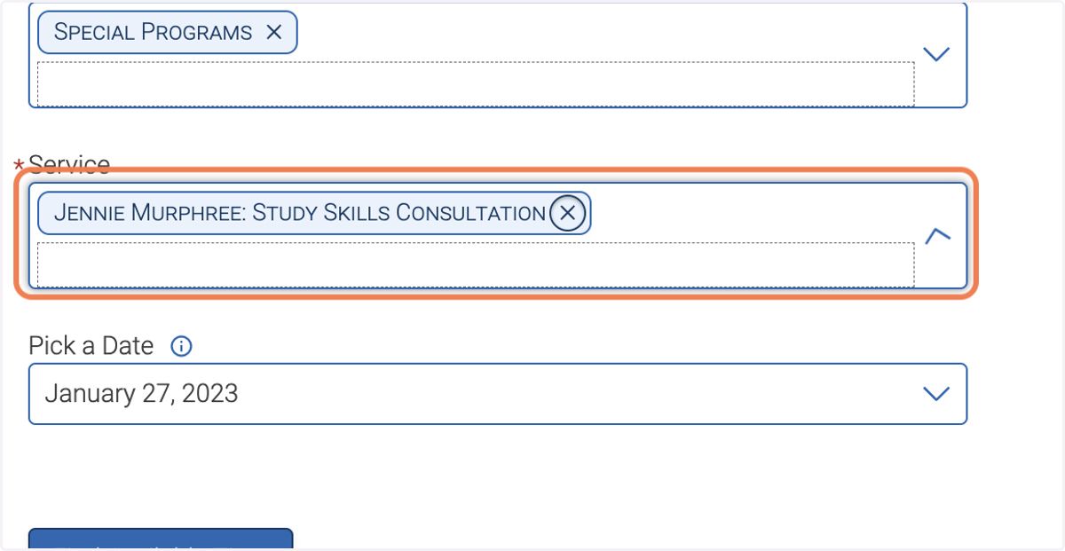 Under Service, look for University Housing Resource Center and select either “Academic Consultation.”