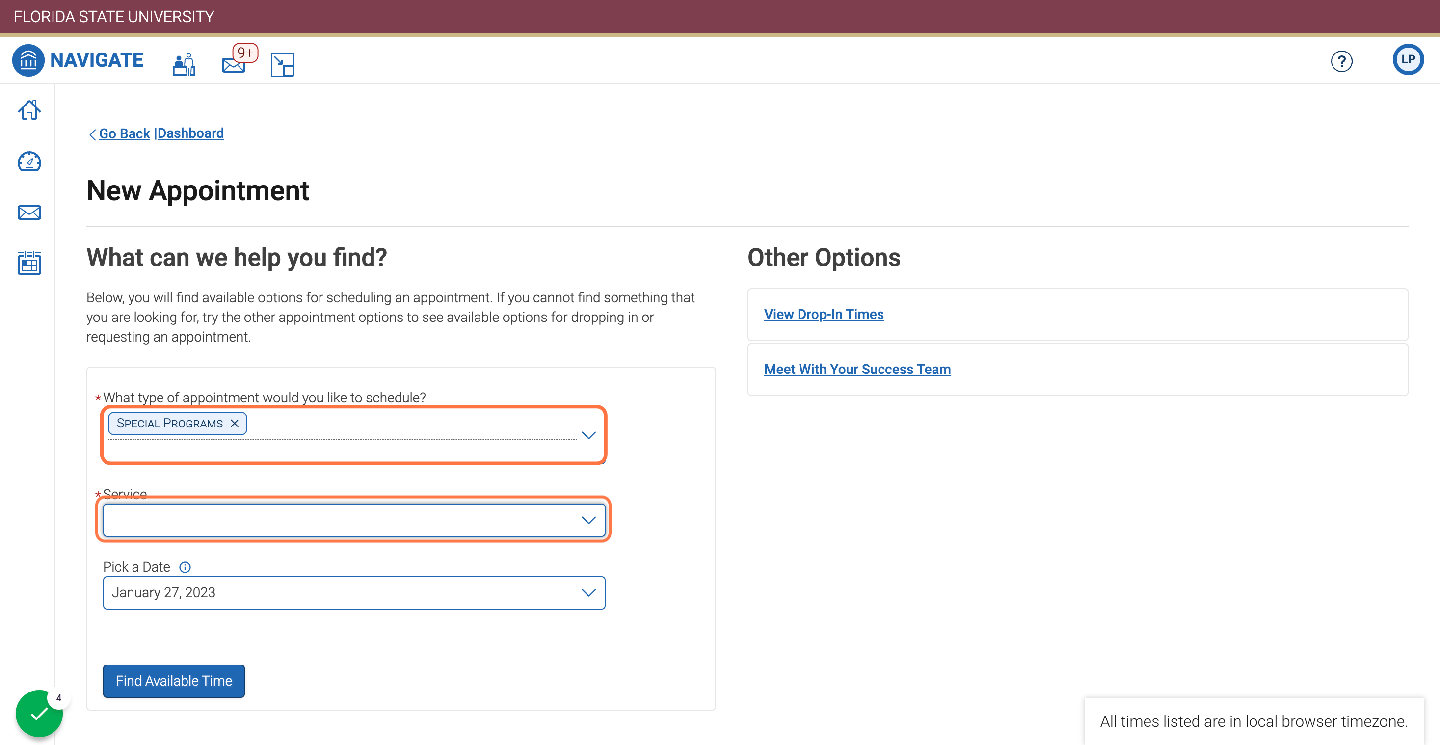 Select “Special Programs” for appointment type on the New Appointment screen.