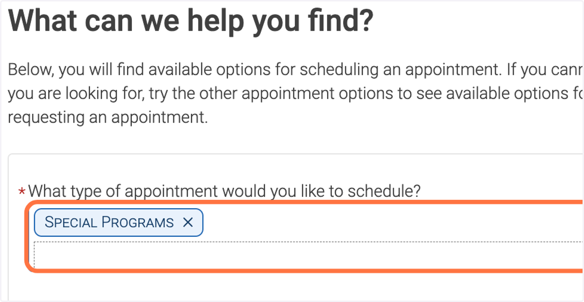 Select “Special Programs” for appointment type on the New Appointment screen.