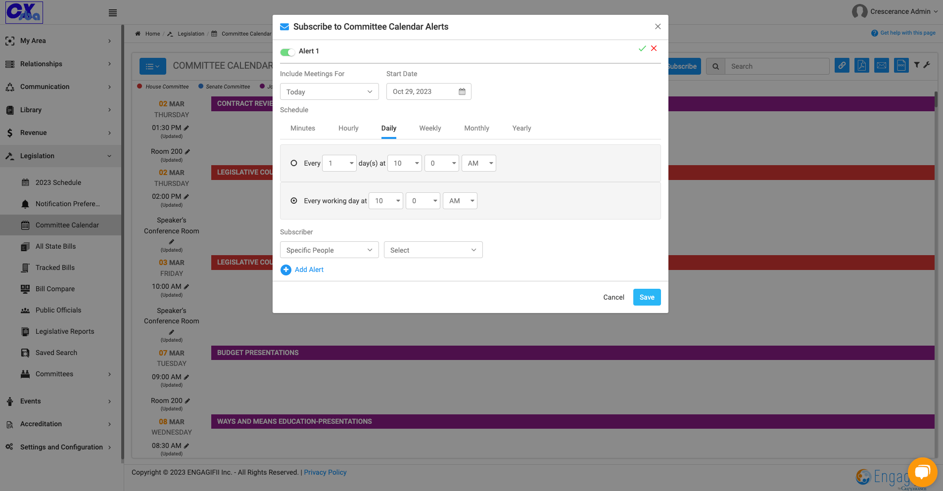 Toggle on the Add Alert button to set up your notification frequency and also add people to be notified. You can create as many alerts as you need.