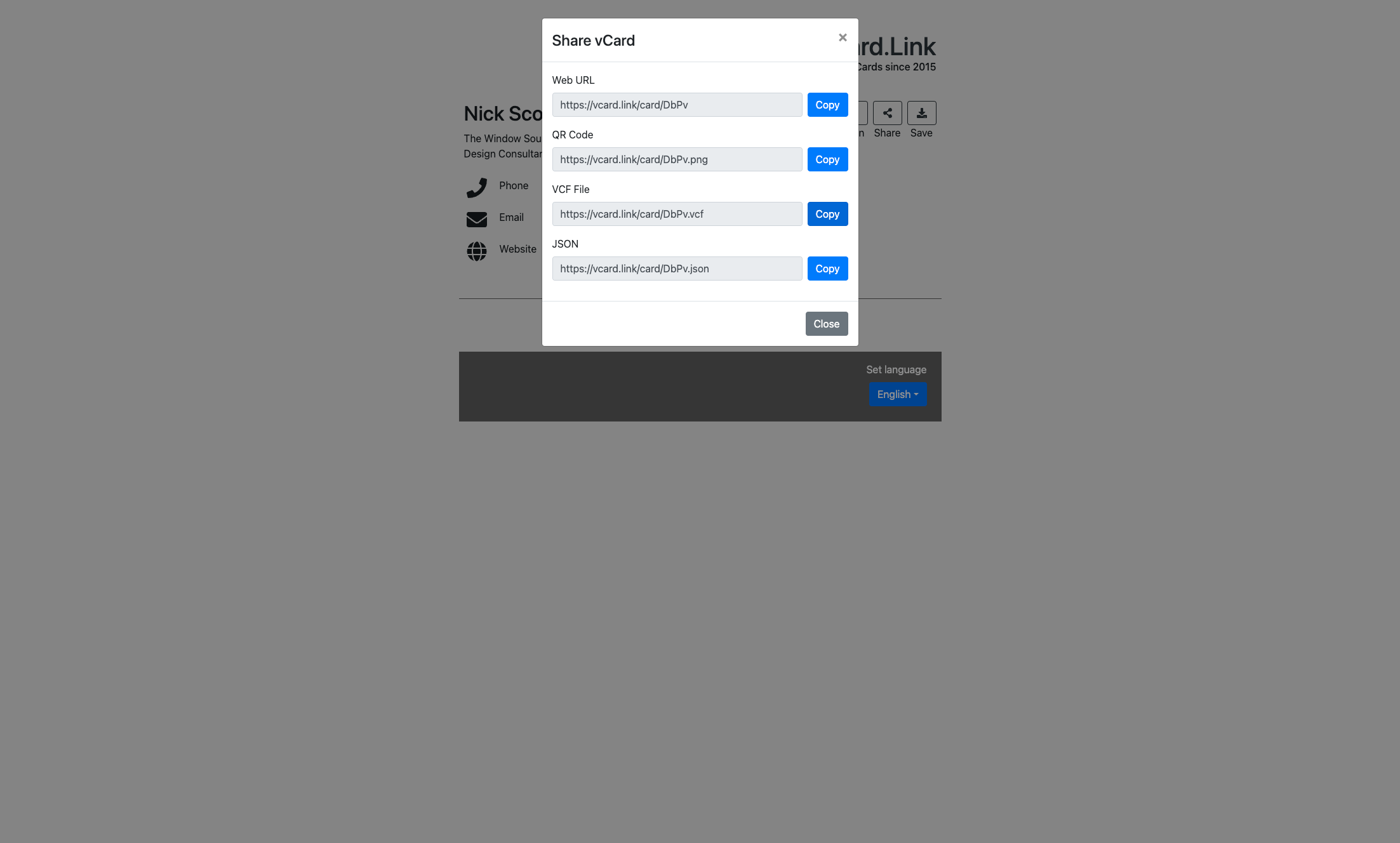 Click on Copy for VCF File Link