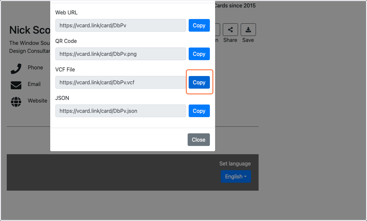 Click on Copy for VCF File Link